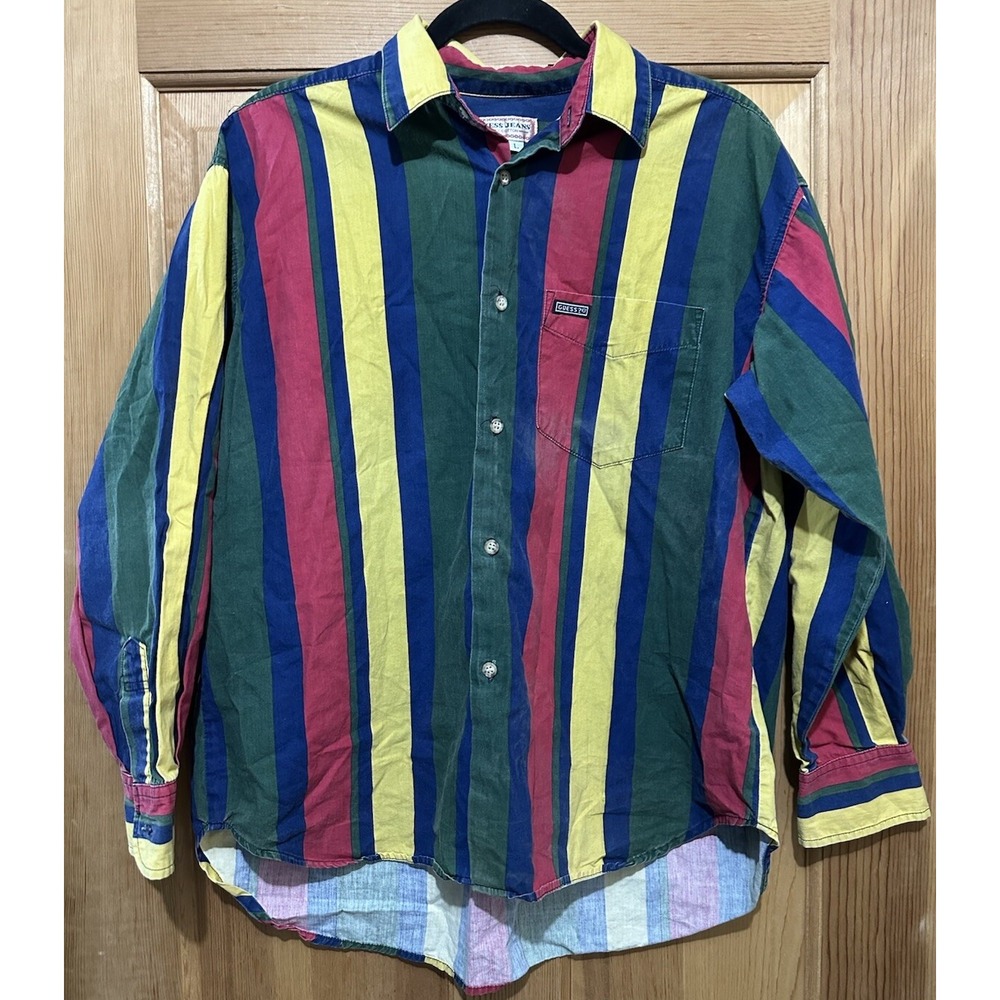 Vintage 80s GUESS Georges Marciano Men's L Button Up Long Sleeve Shirt Striped